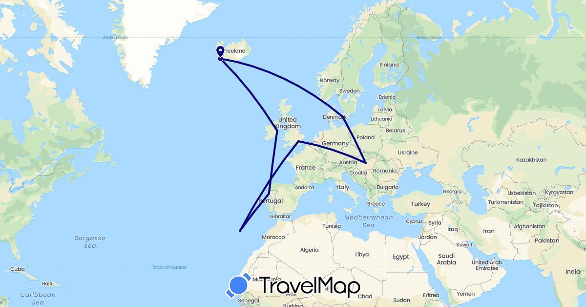 TravelMap itinerary: driving in Denmark, United Kingdom, Hungary, Ireland, Iceland, Portugal (Europe)